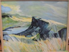 Two acrylic paintings, Beryl Moorby, Hadrian's Wall, initialled, 39 x 49cm, and Blue Lagoon,