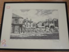 A print, after Geoffrey H Pooley, Market Day at Kirkby Lonsdale, signed, 24 x 36cm, plus frame and