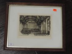 An etching, after Charles H Boucher, The Powell Memorial Hall, Sedburgh, signed, 19 x 26cm, plus