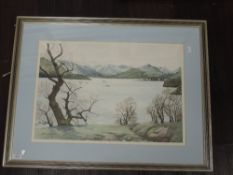 A watercolour, Kathleen Bibby, Ullswater, winter time, signed and attributed verso, 36 x 53cm,