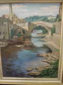 An oil painting, Henry M Almond, The Old Bridge, Barnard Castle, (of eye test interest ), signed,