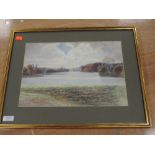 A watercolour, F Ogilby, lake landscape, indistinctly signed, and dated 1911, 25 x 37cm, plus