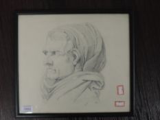 A pencil sketch, portrait study, indistinctly attributed and initialled, 28 x 31cm, plus frame and