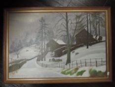 An oil painting, H N Almond, farmstead in snow, 50 x 75cm, plus frame