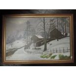 An oil painting, H N Almond, farmstead in snow, 50 x 75cm, plus frame