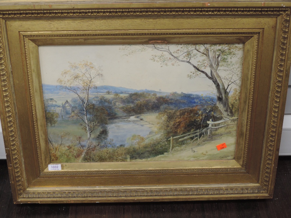 A watercolour, Mac W, Bolton Abbey and river landscape, 34 x 52cm, plus frame and glazed