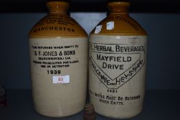 Two stoneware flagons, one advertising XL herbal beverages,Mayfield drive Morecambe and Heysham