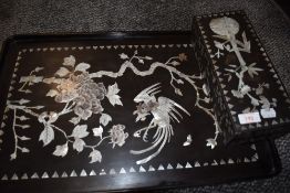 Two well crafted Japan Lacquer and Mother or pearl items one glove box and similar serving tray
