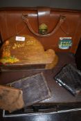 A mixed lot of vintage items including brief case with BOAC sticker,small brown 1944 dated suitcase,