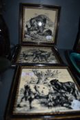 Three framed antique tiles depicting cattle, donkeys and mountain goats.