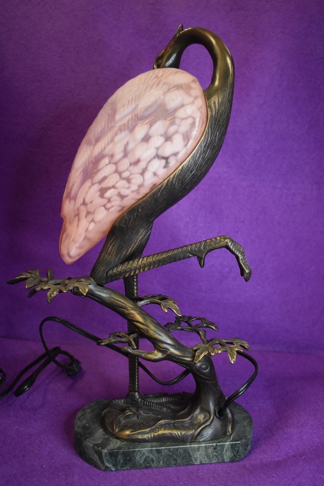 An art deco style desk lamp, wading bird with pink shade. - Image 2 of 3