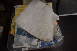 A box of mixed vintage table linen including damask and crotchet edged items,some fabrics, a cushion