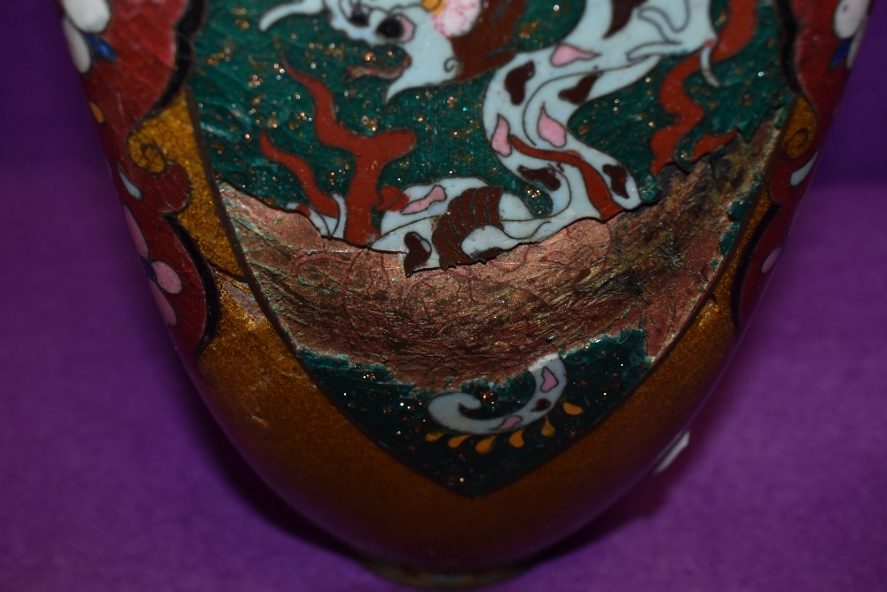 An oriental cloisonne vase having pheonic and dragon decoration having one side badly damaged - Image 2 of 7