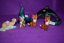 Three Beswick studies, Fox, seated, small 1748 x2, Koala Bear on Branch 1039, two poole studies of a