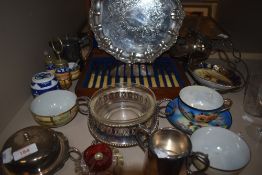 A selection of plated wares and similar ceramics including serving tray boxed flatware and table