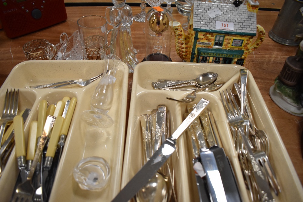 A selection of table wares including tea pot and a good selection of Smith Seymour cutlery