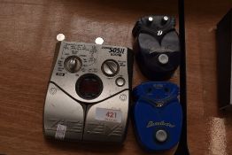 A Zoom 505 II effects pedal and two Danelectro effects pedals, Milkshake Chorus and Cornbeef