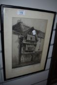 A print of an original dry point etching of Harvard house Stratford upon Avon.