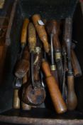 A selection of various wood carving and cutting chisels including fruitwood handles and named