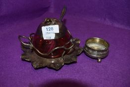 A vintage coloured glass and metal apple shaped preserve jar and small pinch pot.
