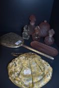 A mixed lot of vintage glass perfume bottles and dressing table items and an antique evening bag,