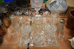 A variety of vintage glass ware including dressing table items and sugar sifter.