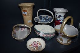 A collection of ceramics, predominantly Charlotte Rhead designs including posy baskets, vases and