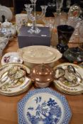 A mixed lot of items including flat ware, serving dish,tea pots, Villeroy and Boch candle stick