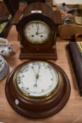 An Edwardian chiming mantle clock with inlaid detail to case and a vintage barometer.