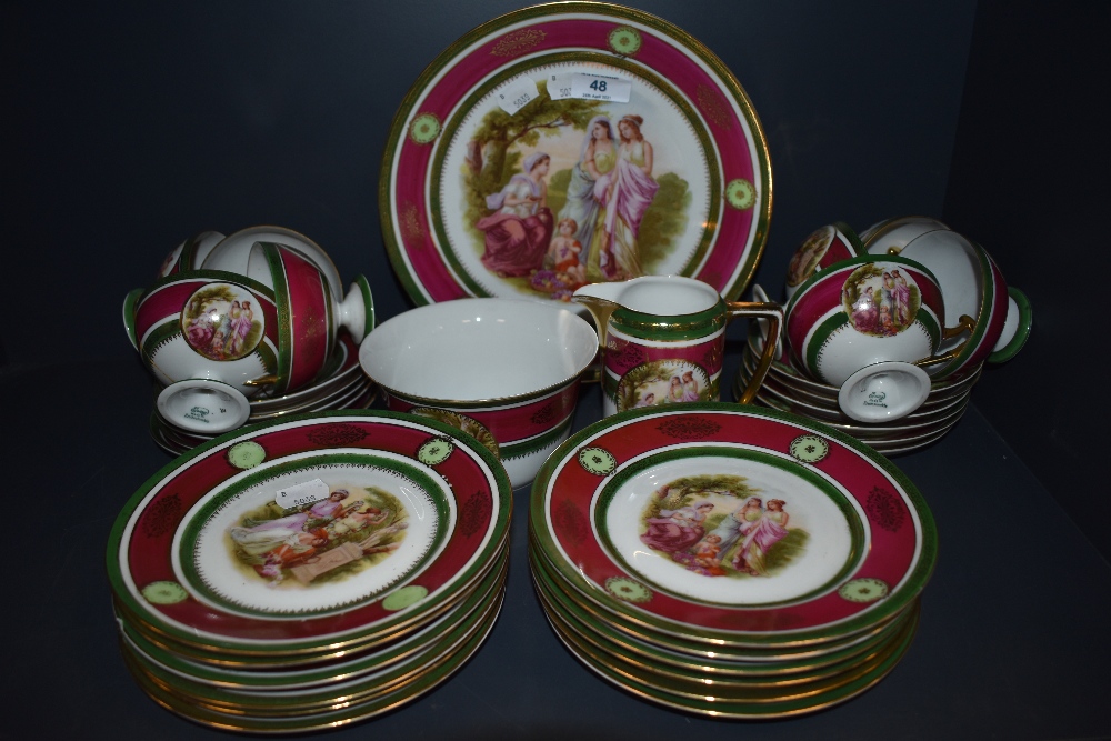 A collection of vintage Czechoslovakia Epiag china having classic scenes and green and red border