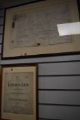 A framed and mounted Linden Lea sheet music,signed R.Vaughn Williams and a framed antique indentur
