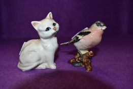 Two Beswick figures, one of white cat in seated position and another being a Chaffinch, small to