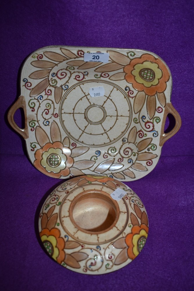 A Bursley ware Trellis pattern cake dish and a mushroom shaped posy holder, both having flower,