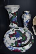 A Bursley ware 'dragon' bowl and vase, also included is a smaller vase with similar 'Mongolia'