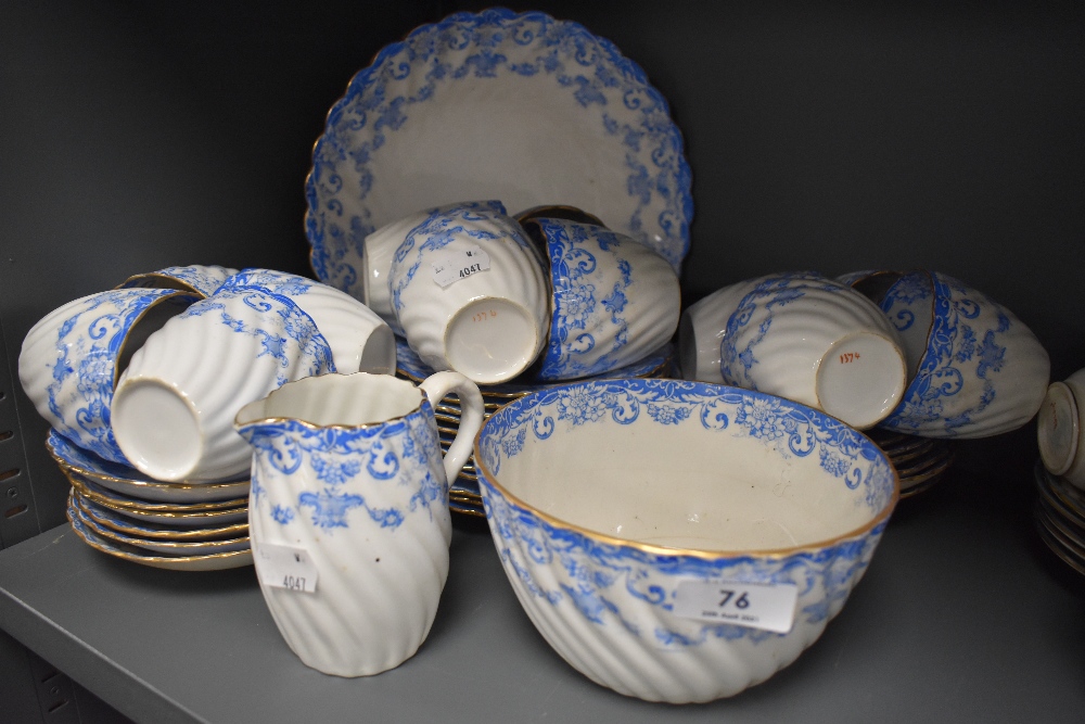 A collection of antique china having blue transfer pattern, included are plates,cups and saucers,