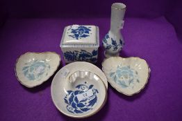 Five Bursley ware items, all signed Charlotte Rhead to underside including two pin dishes and ash