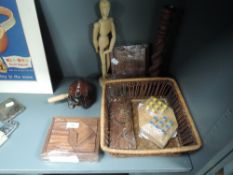 A selection of wooden games, puzzles and similar and a studio pottery cruet set.