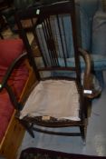 An Edwardian mahogany and line inlaid carver chair (no seat - upholstery or canework project)