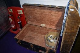 A vintage American ply line steel bound travel trunk, dimensions approx. 92 x 33 x 41cm.