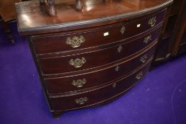 A 19th Century mahogany bow fronted chest having brass drop handles, four long drawers and bracket