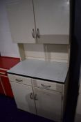 A vintage kitchenette , double shelved cupboard back (attached with metal brackets, possibly