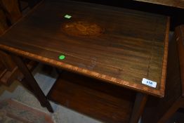 An Edwardian mahogany and satinwood inlaid occasional table, approx. 61 x 38cm, frame loose