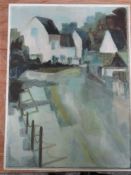 An oil painting on board, Elizabeth Eagle, street view, signed and attributed verso, 60 x 45cm, plus