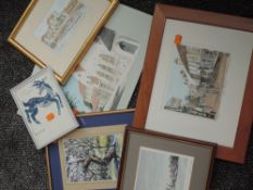 A selection of pictures, inc M Kitching, harbour scene, 10 x 15, plus frame and glazed