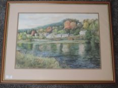 A watercolour, Eric Johnstone, Scottish loch village, 33 x 48cm, pus frame and glazed