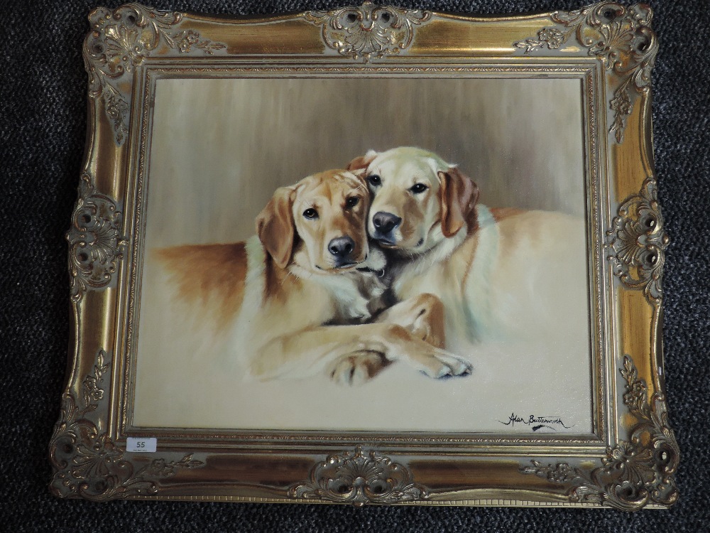 An oil painting, Alan Butterworth, labrador dogs, signed, 44 x 54cm, plus frame