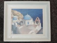 An oil painting, Anne Wright, Church Santorini, initialled, and attributed verso, 19 x 24cm, plus