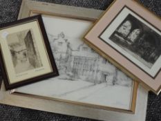A sketch, A Maude Parsons, Trerine, 29 x 38cm, and two etchings, after Maude parsons, St Ives, 14