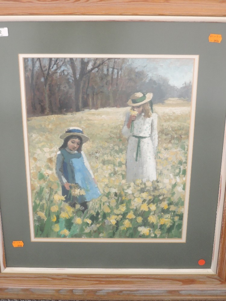 An oil painting, girls in daffodil field, 43 x 34cm, plus frame and glazed