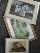 A selection of decorative pictures, inc Hampshire, street trader, signed, 19 x 12cm, plus frame